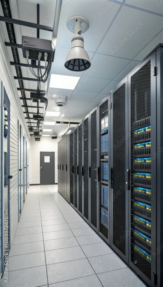 Poster modern server room with advanced security system for network infrastructure protection. generative a