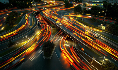 A vibrant aerial view of a busy highway, showcasing dynamic traffic with colorful lights streaking through the scene at night.
