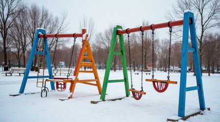 Colorful Playground Swings in Winter Park of Severobaykalsk Surrounded by Snow. Generative AI
