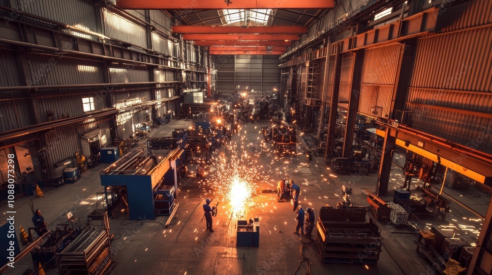 Poster a group of workers perform welding tasks, filling the workshop with bright sparks and showcasing the