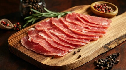 Fototapeta premium Red veal meat slices arranged on a wooden board alongside an assortment of spices for culinary presentation and inspiration