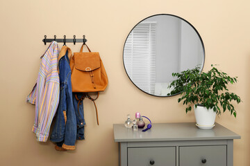 Coat rack with clothes, mirror, houseplant and chest of drawers in hallway. Interior design