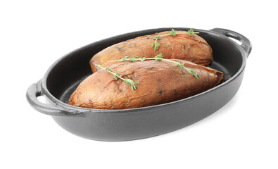 Tasty cooked sweet potatoes and thyme isolated on white