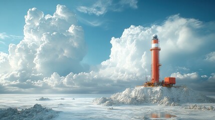 A vibrant lighthouse stands on a snowy landscape under dramatic clouds.