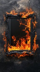 Empty Black Frame Engulfed in Flames Against a Textured Dark Background. Generative AI