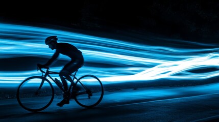 Silhouette of cyclist riding on a road with blue light trails in the background.