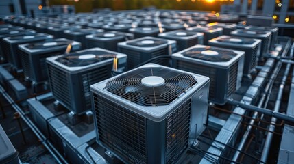 Obraz premium Numerous air conditioning units on a rooftop at sunset.