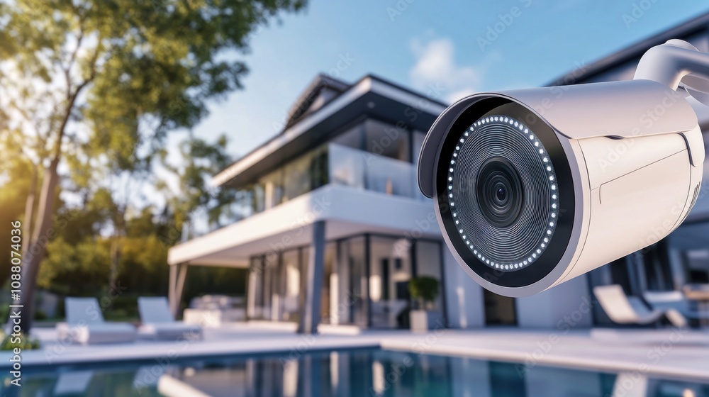 Poster A cutting-edge AI-powered smart home security camera system, modern home exterior with integrated cameras and sensors for real-time monitoring and alerts, Security Camera style