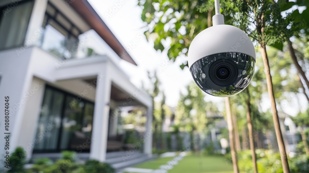 Poster A cutting-edge AI-powered smart home security camera system, modern home exterior with integrated cameras and sensors for real-time monitoring and alerts, Security Camera style