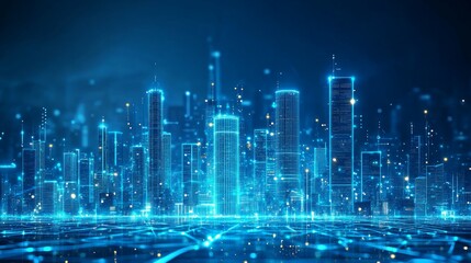 Fototapeta premium Futuristic cityscape, glowing digital city skyline at night.