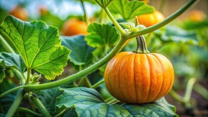 Obraz premium Close-up of pumpkin plant with green leaves, vine, stem, and tendrils , agriculture, Halloween, autumn, harvest, organic