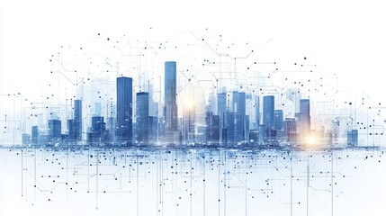 Fototapeta premium Futuristic cityscape skyline with digital network connections.