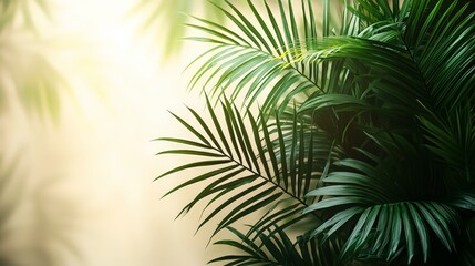 Lush green palm leaves with a soft light background, creating a serene atmosphere.