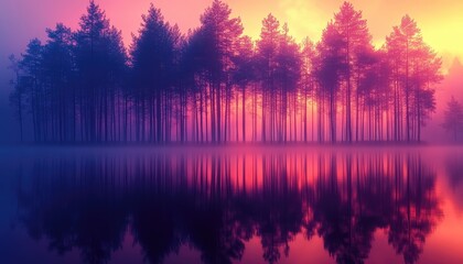 Obraz premium A misty forest silhouette reflects on a still lake at sunset. The vibrant colors capture the serenity of nature at dusk, perfect for illustrating tranquility or peaceful moments.