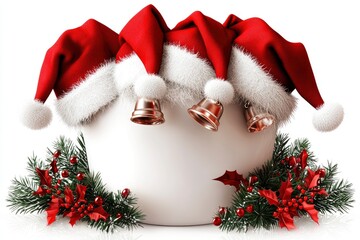 Fototapeta premium Festive Christmas Santa Hats with Bells and Holly