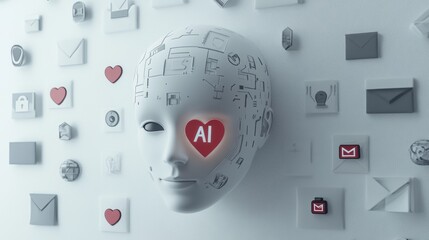 A 3D rendering of a robot face showcasing AI technology surrounded by communication and love icons on a white background