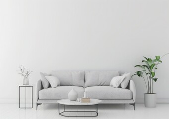 Minimalist living room with a white sofa, coffee table, rug, and plants