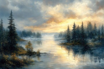 Fototapeta premium Sunrise over a misty lake with trees. Ideal for a calming, nature-themed design.