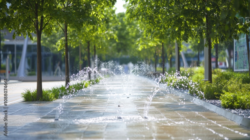 Poster a cutting-edge ai-powered smart irrigation system for urban parks, clean park environment with autom