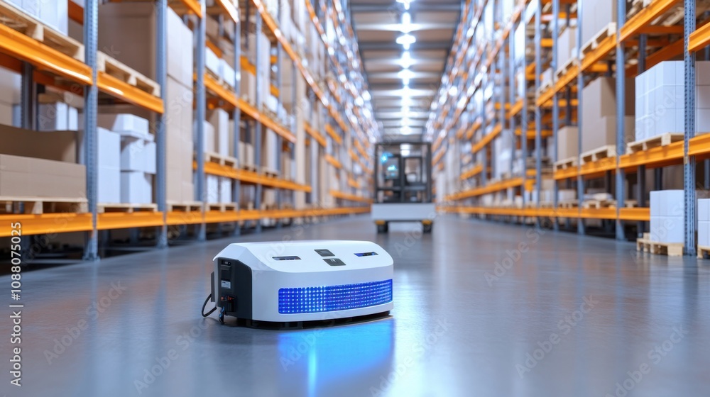 Poster A cutting-edge AI-powered smart logistics system for warehouse automation, modern warehouse setting with integrated technology for optimizing inventory management and order fulfillment processes