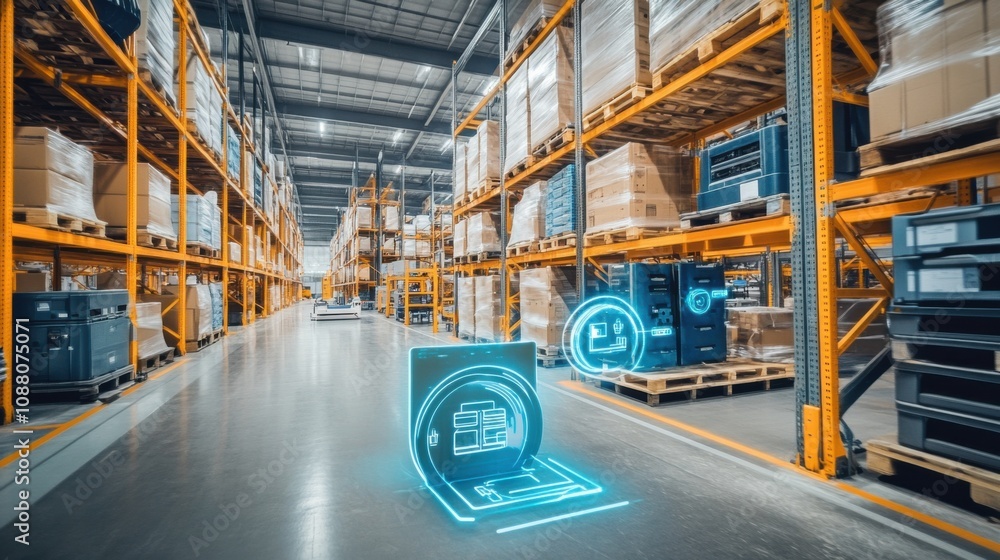 Poster A cutting-edge AI-powered smart logistics system for warehouse automation, modern warehouse setting with integrated technology for optimizing inventory management and order fulfillment processes