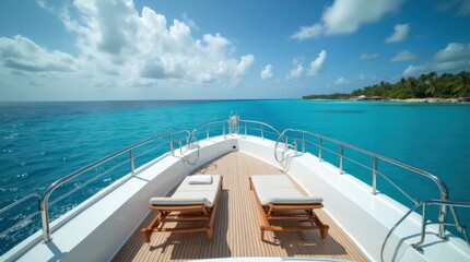 Fototapeta premium Luxury Motor Yacht Cruising Over Tropical Waters Under a Bright Sun. Generative AI
