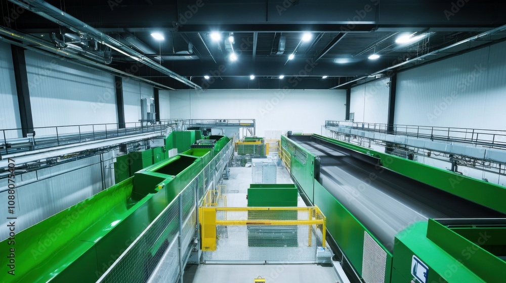 Poster A cutting-edge AI-powered smart recycling sorting system, modern waste management facility with technology for efficiently sorting and processing recyclable materials, Recycling Sorting style