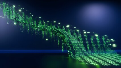 Green binary code cascades down a dark blue background, creating a digital matrix effect