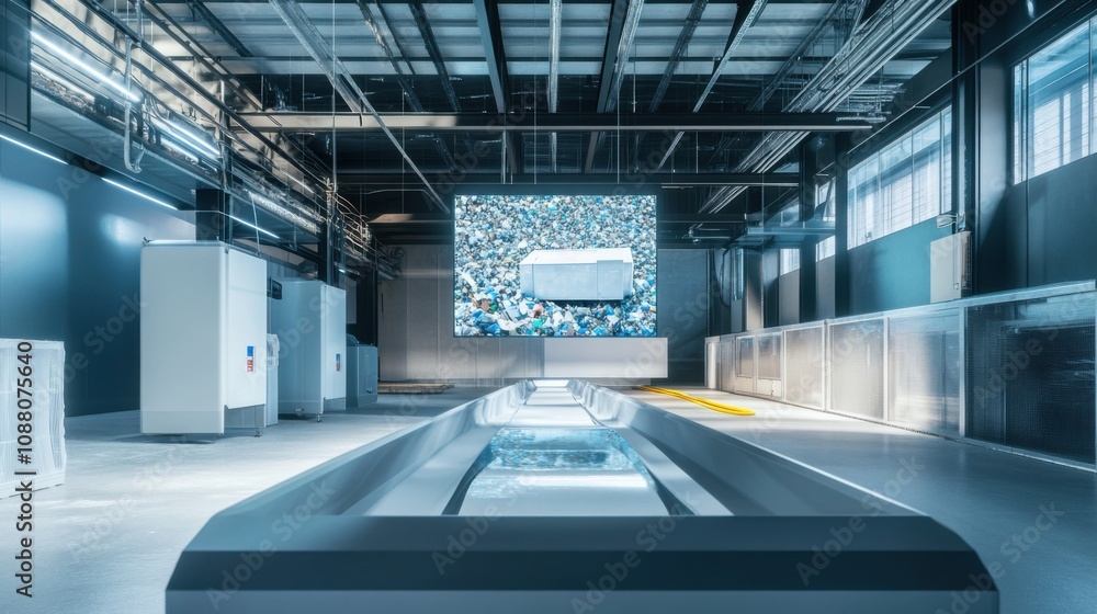 Poster A cutting-edge AI-powered smart recycling system, modern urban setting with integrated technology for sorting and processing recyclables efficiently, Smart Recycling style
