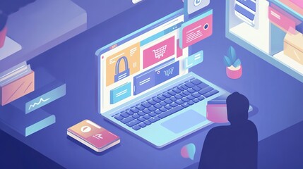 A person browsing an online store on a laptop, surrounded by product images popping out of the screen, with a shopping cart icon and digital payment options