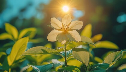 Obraz premium A single flower blossoms in the sunlight. This photo can be used for projects related to nature, spring, or new beginnings.