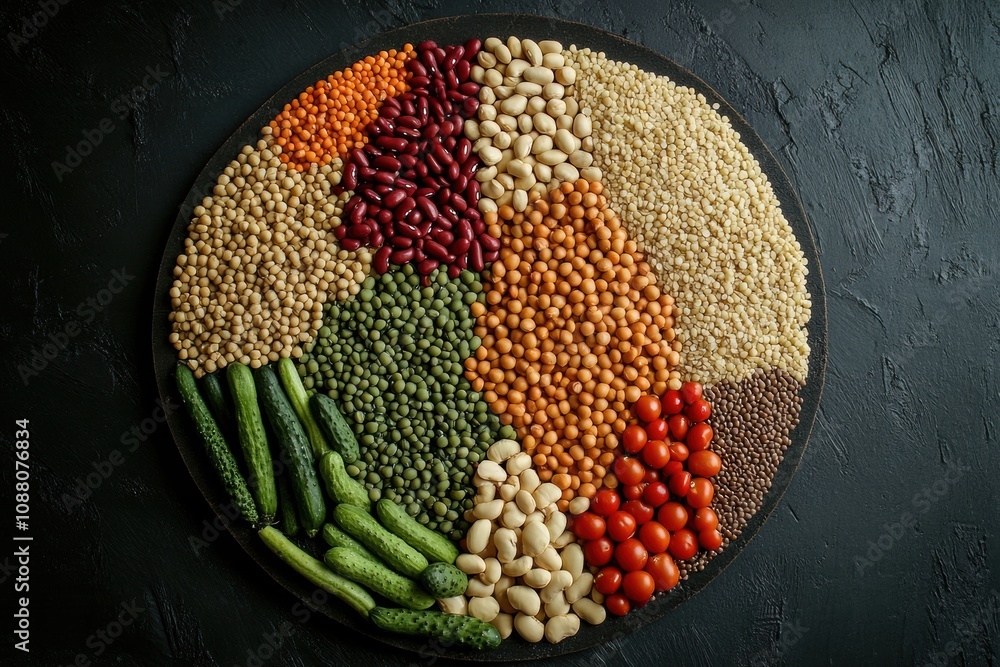 Poster fresh veggies, grains, and legumes are artfully arranged by color and texture for a visually appeali