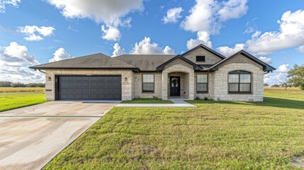 Ranch-style house, light stone facade, black trim, two-car garage, green lawn, blue sky.