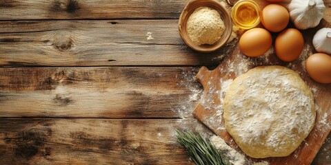 Baking in a rural kitchen. Dough and ingredients for pizza on a vintage brown wooden table. Top view. Rustic background.