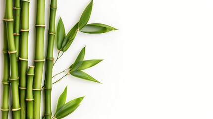 Bamboo Serenity: A tranquil and elegant arrangement of green bamboo stalks and leaves, set against a crisp white background, evoking a sense of peace and natural beauty. 