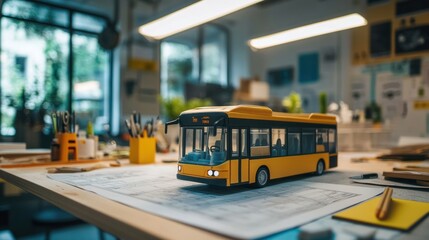 Architectural workspace with a scaled-down city bus model resting on transport design documents, precision tools in the background 