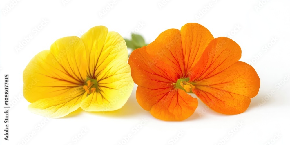 Poster studio shot of yellow and orange colored nasturtium isolated on a white background. large depth of f