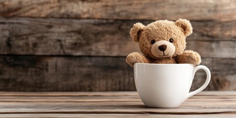 Obraz premium Adorable teddy bear in a white coffee cup on a wooden background with copyspace.