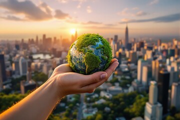 Hand Holding a Miniature Earth with Green Moss Against a Sunset Urban Skyline