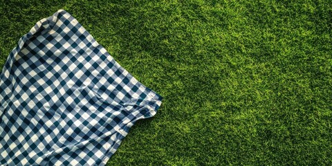 Checkered picnic blanket on a green grass background. Top view. Copy space. Summer picnic season.