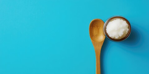 Coconut oil in a wooden spoon and a glass jar placed in the center of a blue background. Natural product. Top view. Copy space. Vertical orientation.