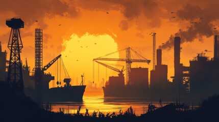 Obraz premium Silhouetted industrial harbor at sunset.