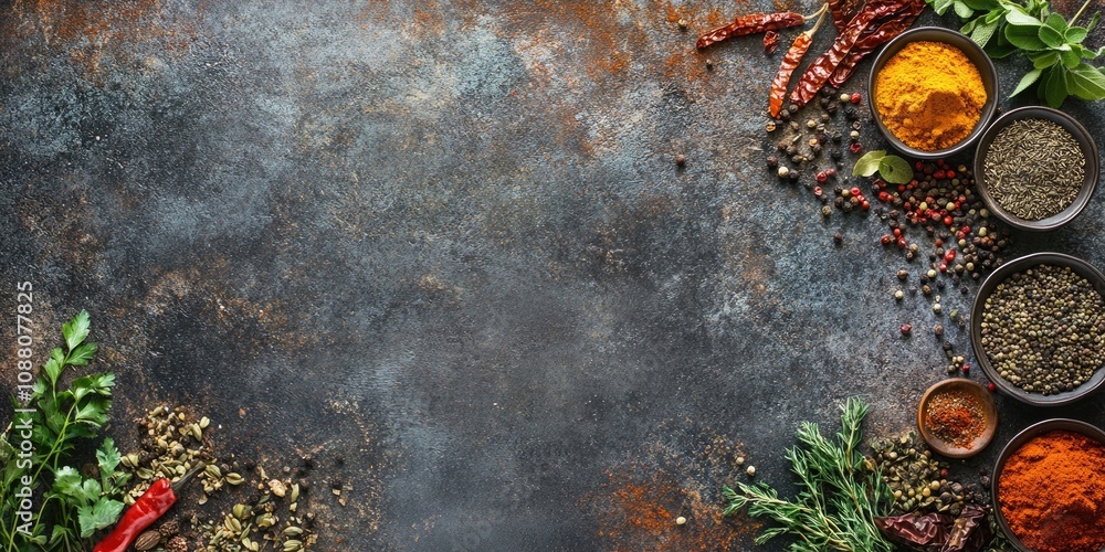 Poster Different spices and herbs are arranged on a stone table. Top view with space for your text.