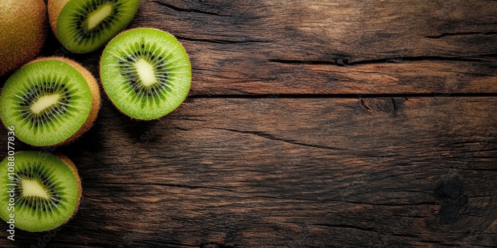 Poster Close-up and top view image of fresh kiwi fruit with a slice on a wooden background with copyspace.