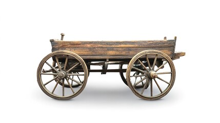 Fototapeta premium Traditional wooden bullock cart isolated on white background, featuring intricate rustic design, sturdy wheels, and cultural heritage, representing vintage transportation and rural lifestyle.
