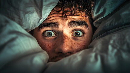 Young guy with brown eyes hides in bed at home and looks at camera covering himself with gray blanket, close-up of eyes. Amazed, surprised, scared and confused
