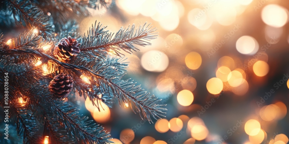 Poster decorative lights and a fir tree branch - christmas decoration. new year and christmas theme. select