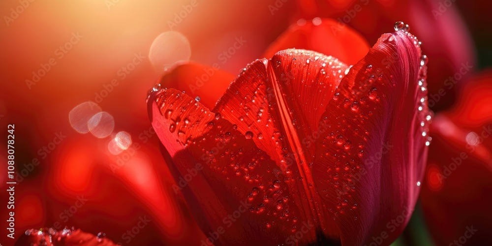 Aufkleber red tulips illuminated by spring sunlight, with dew drops on the red petals. close-up of a red tulip