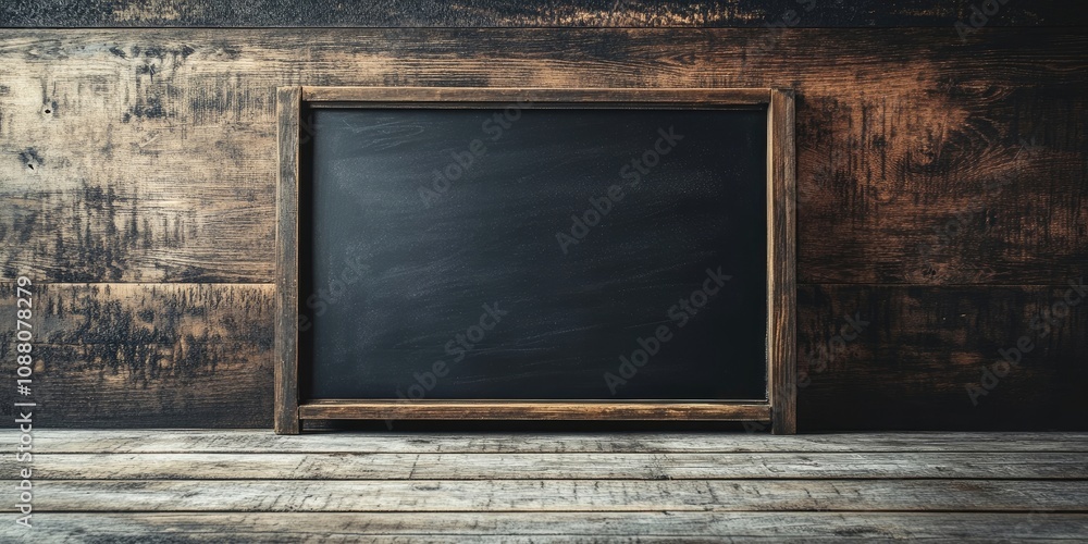 Poster empty chalkboard set against a rustic backdrop.