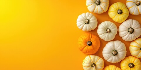 White and yellow pumpkins are arranged on a brown or yellow background, reflecting a Thanksgiving and Halloween theme, top view, copy space.